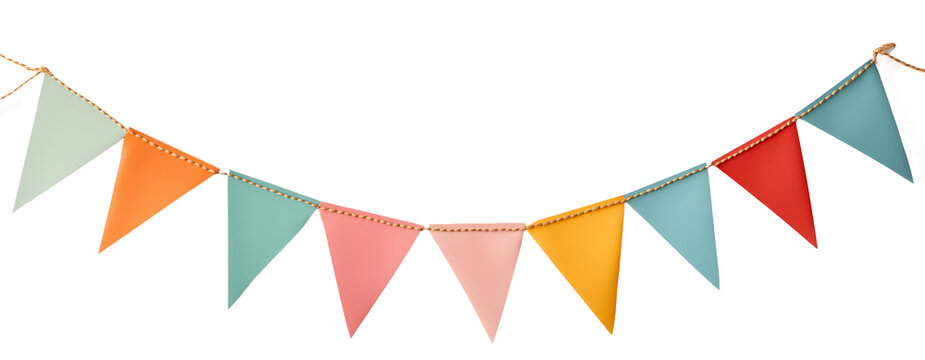 Vibrant triangular bunting flags in red, yellow, green, blue, and pink. Perfectly aligned horizontally for festive party decor themes