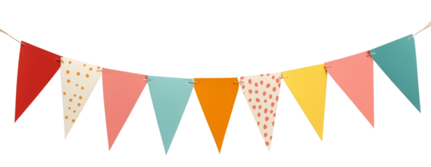 Bright and playful bunting flags with sharp triangular shapes, aligned neatly on a transparent background. Ideal for festive celebrations and designs