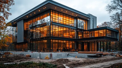 Obraz premium Modern Glass House Under Construction in Autumnal Setting