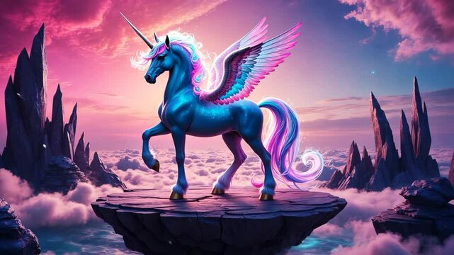 Video footage of majestic blue unicorn with pink wings stands on a floating rock platform amidst a dreamy, cloud filled landscape with jagged peaks and a vibrant, colorful sky