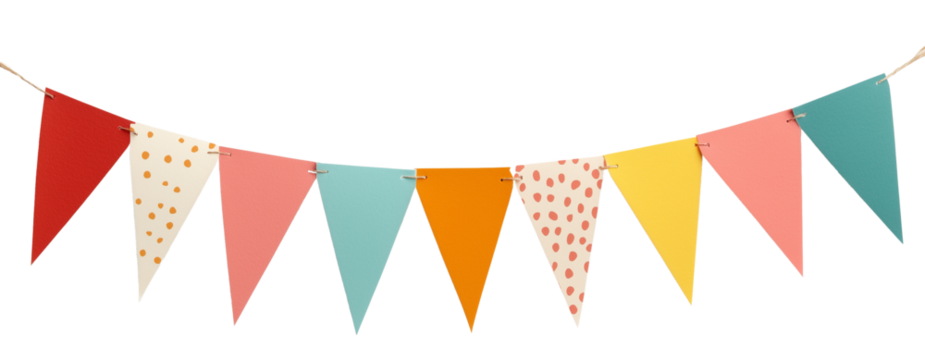 Bright and playful bunting flags with sharp triangular shapes, aligned neatly on a transparent background. Ideal for festive celebrations and designs