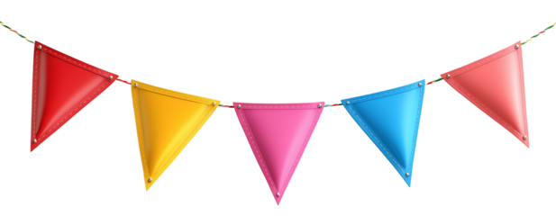 Cheerful triangular bunting flags in bold colors, stretched horizontally. Perfect for celebrations, events, and creative projects