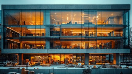 Illuminated Modern Library at Dusk