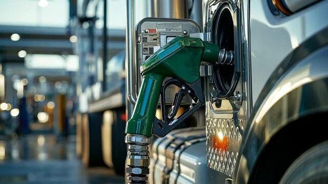 Close-up of a green gas pump filling fuel into a white truck at a station, close-up. Oil and energy industry concept. 