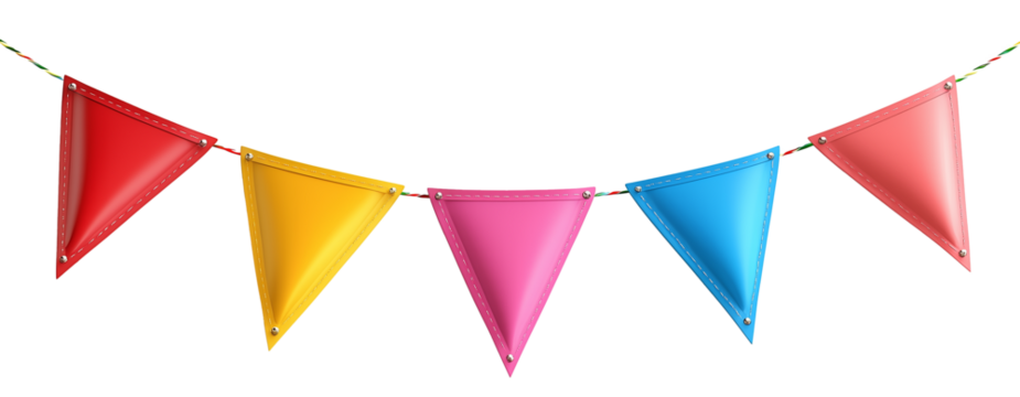 Cheerful triangular bunting flags in bold colors, stretched horizontally. Perfect for celebrations, events, and creative projects