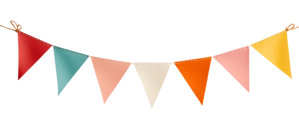 Festive bunting flags in vibrant hues, featuring sharp triangular shapes aligned. Perfect for party decor, events, and celebration themes