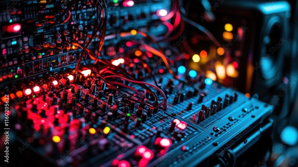 Aufkleber close-up of a complex sound mixing console with numerous knobs, buttons, and wires illuminated in re