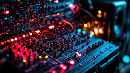 Fototapeta premium Close-up of a complex sound mixing console with numerous knobs, buttons, and wires illuminated in red and blue light.