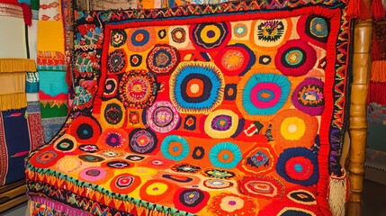 A vibrant textile featuring colorful circular patterns, showcasing traditional craftsmanship.