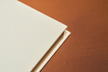 A closeup of the binding of a white vintage book. A book photographed on a brown background.