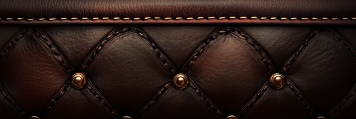 Naklejka premium Dark brown tufted leather texture with brass studs and stitching.