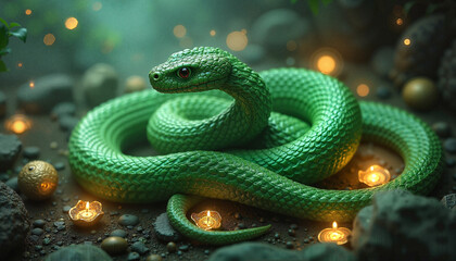 Fototapeta premium Enchanted Green Snake Amidst Magical Glowing Elements in Dark Setting