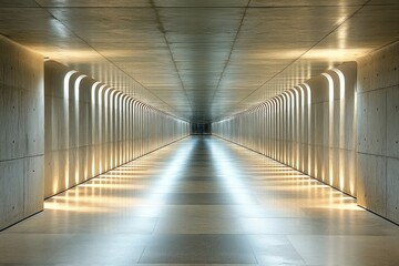 Naklejka premium Illuminated Concrete Corridor: A Study in Architectural Light and Shadow