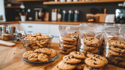 Homemade chocolate chip cookies in glass bowl and plastic bags on kitchen counter.