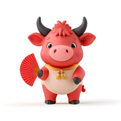 Cute Cartoon Red Ox Holding a Fan with a Golden Necklace, Ready for a Celebration