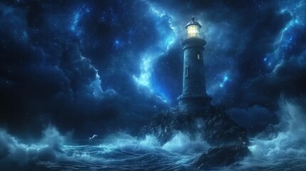 Fototapeta premium Luminous lighthouse standing strong against a stormy sea under a vibrant night sky.