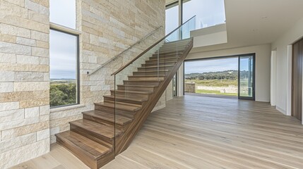 Obraz premium Modern curved wooden staircase with glass railing in a luxury home, overlooking a scenic view.