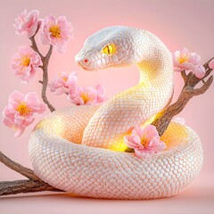 Fototapeta premium Elegant White Snake Coiled Around a Branch with Pink Flowers, Illuminated with Soft Light