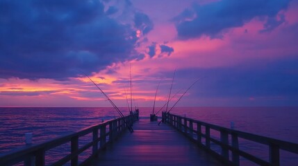 Fototapeta premium A serene pier for sea fishing under a dramatic twilight sky, Fishing rods against a backdrop of vibrant colors, Twilight tranquility style