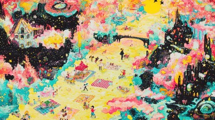 Whimsical park scene with fantastical elements, vibrant colors, and playful figures enjoying a picnic.