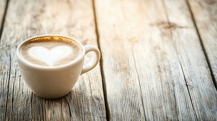 Crafting heart-shaped latte art, wooden table , close-up coffee setting, warm atmosphere, culinary delight