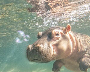 Fototapeta premium Baby hippo blowing bubbles underwater clear water wildlife aquatic habitat close-up playful nature