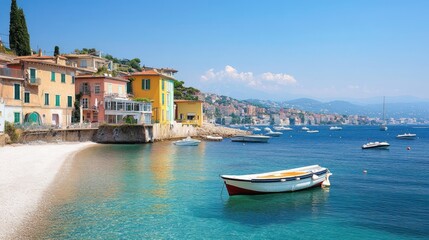 Obraz premium Colorful houses on a pebble beach, boats in calm turquoise water, sunny summer day.