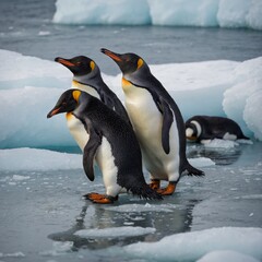 Fototapeta premium Penguins huddled together on an icy shore.