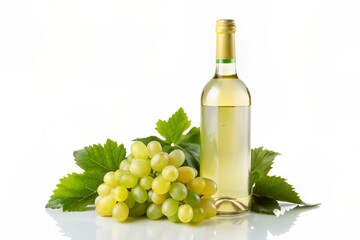 A bottle of white wine sits next to a bunch of grapes