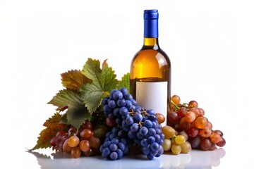 A bottle of white wine sits next to a bunch of grapes