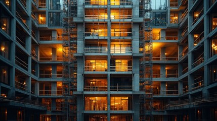 Illuminated Concrete Structure: A Modern Building Under Construction at Dusk