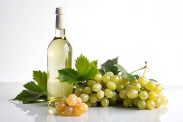 A bottle of white wine sits next to a bunch of grapes