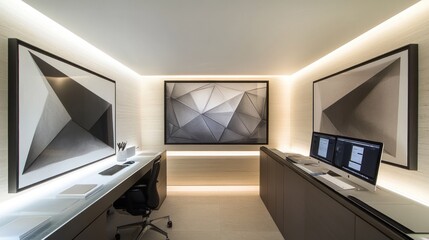 Modern minimalist home office with geometric artwork, sleek desks, and indirect lighting.