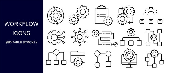 workflow icon set. editable stroke thin line vector icons. 