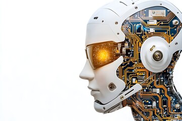 Fototapeta premium Close-up profile view of a futuristic robot head, showcasing intricate circuit boards and glowing optical sensors.