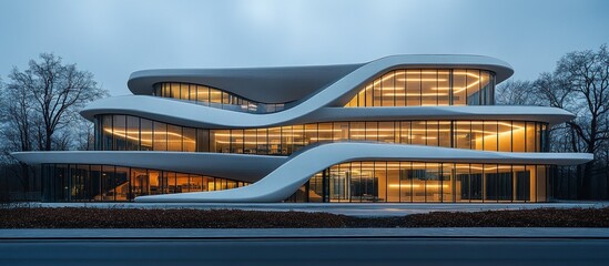 Naklejka premium Curvaceous Architectural Marvel: A Modern Building at Dusk