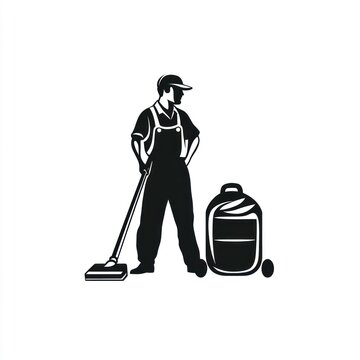 recommend clip art: Janitor standing with mop and bucket.