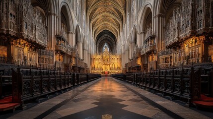 Fototapeta premium Majestic cathedral interior, high vaulted ceilings, ornate choir stalls, and stone floor.