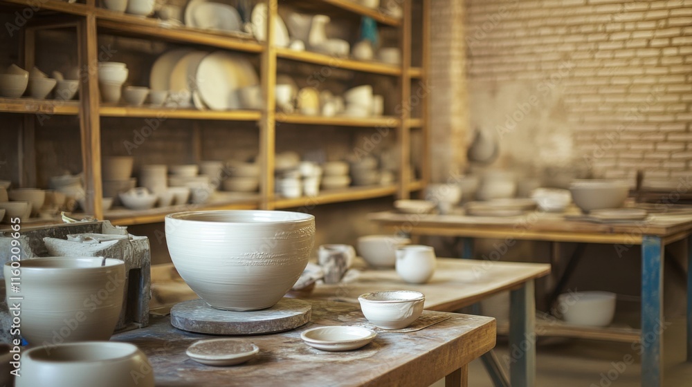 Poster a serene pottery workshop with pottery wheels and clay, pottery tools arranged around workstations, 