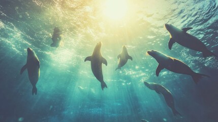 Underwater sunlit scene of a pod of seals swimming.