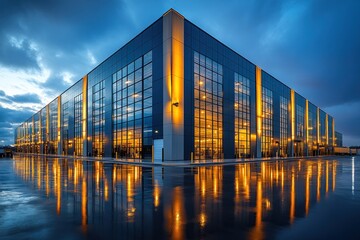 Fototapeta premium Modern Architectural Marvel: Nighttime Reflection of a Sleek Warehouse