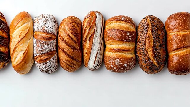 Assorted bread rolls on a white background