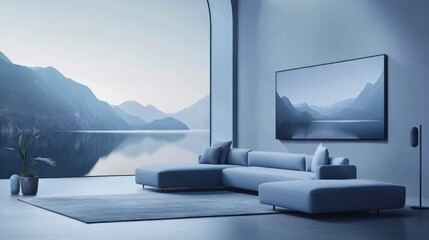 Fototapeta premium Modern living room with large window overlooking serene lake and mountains; minimalist design.