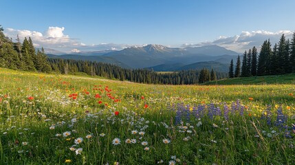 Fototapeta premium Vibrant wildflowers bloom in a lush mountain meadow under a clear blue sky.