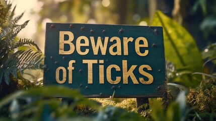 Rustic wooden sign in lush greenery warns "Beware of Ticks".