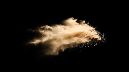Beige powder explosion isolated on black background.