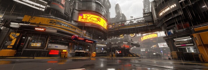 Futuristic city street scene, rainy day, cyberpunk style.