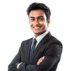 A confident Indian man in a dark gray blazer and white shirt, smiling and looking directly at the camera, isolated on a white background. Photorealistic, with professional lighting.