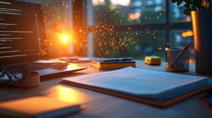 Proofreading Workspace with Sunlight on Desk. Generative AI