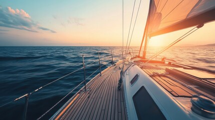 Fototapeta premium A serene sailing excursion on a calm ocean at sunset, Sailing equipment neatly prepared on deck, Nautical adventure style